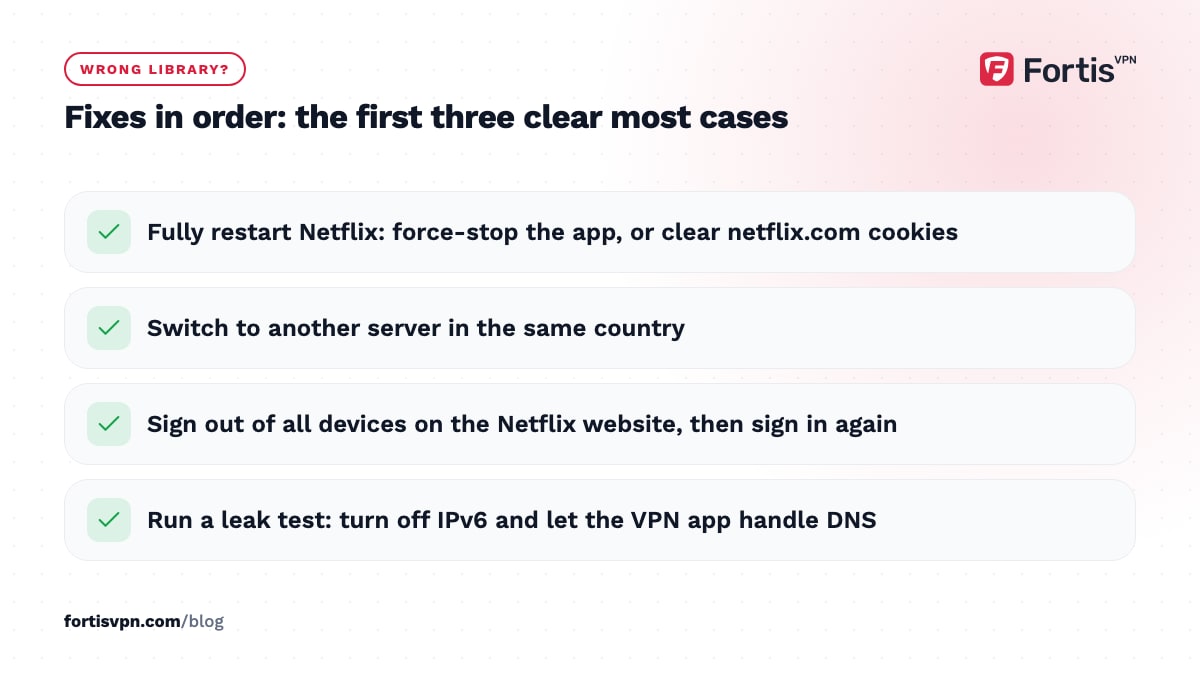 Four fixes in order when Netflix still shows the home library: restart Netflix, switch server, sign out everywhere, run a leak test