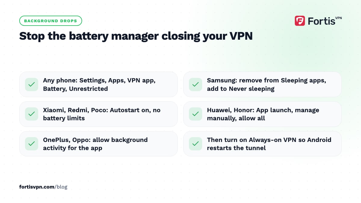 Checklist of battery settings per Android brand that stop the phone closing the VPN: any phone, Samsung, Xiaomi, Huawei, OnePlus and Oppo