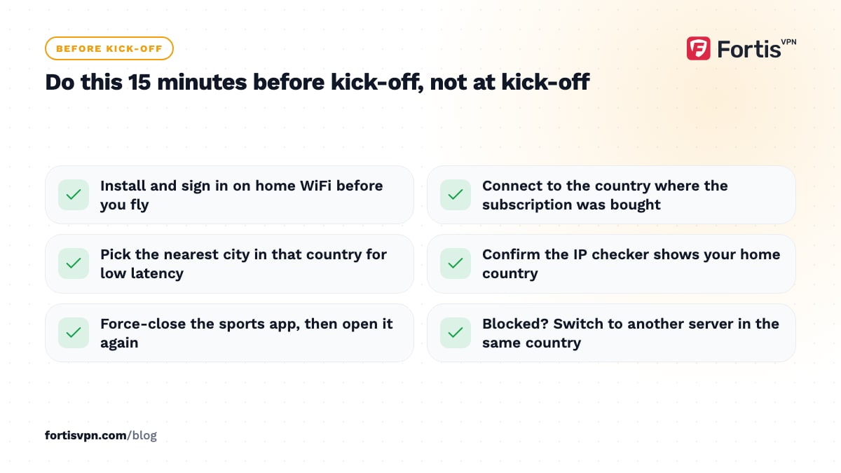 Six-item checklist to prepare a sports stream abroad, from installing on home WiFi to switching server if blocked
