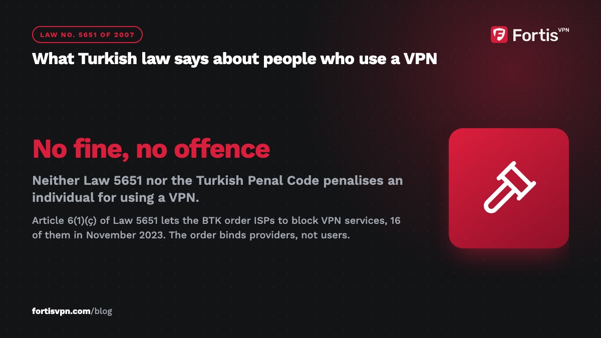 Dark callout stating that neither Law 5651 nor the Turkish Penal Code penalises an individual for using a VPN