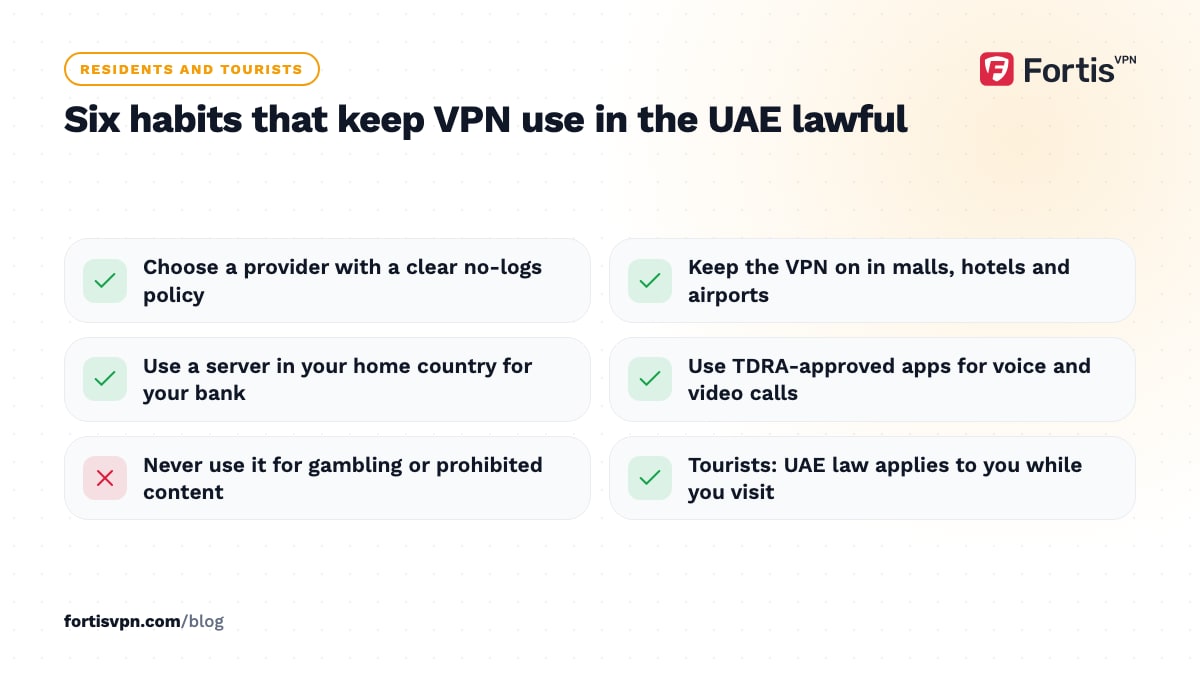 Checklist of six habits for lawful VPN use in the UAE, from choosing a no-logs provider to using TDRA-approved calling apps