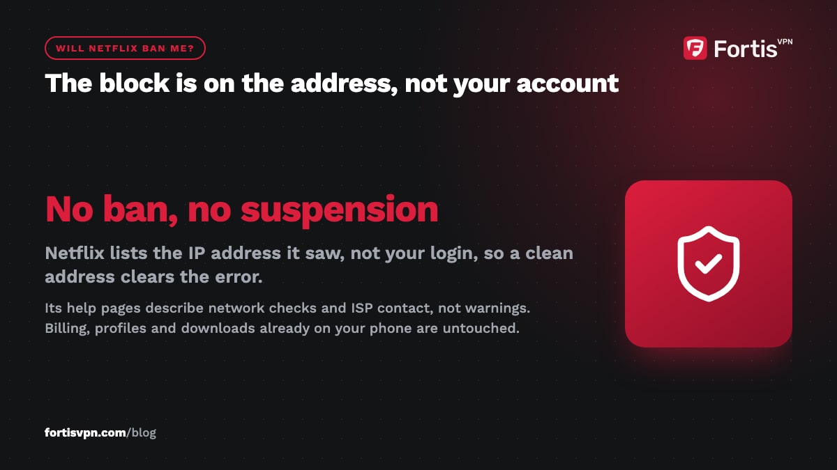 Dark callout stating no ban and no suspension: Netflix blocks the IP address it saw, not the account