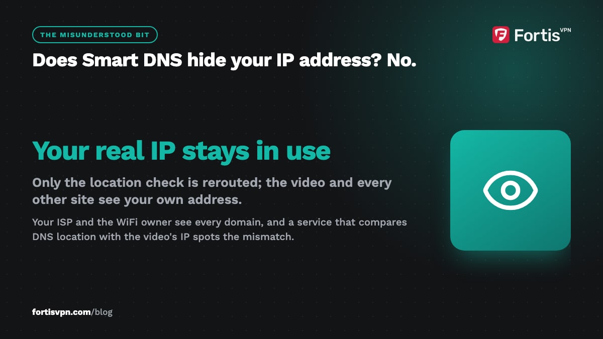 Dark callout stating that your real IP address stays in use with Smart DNS and that the ISP and WiFi owner still see every domain