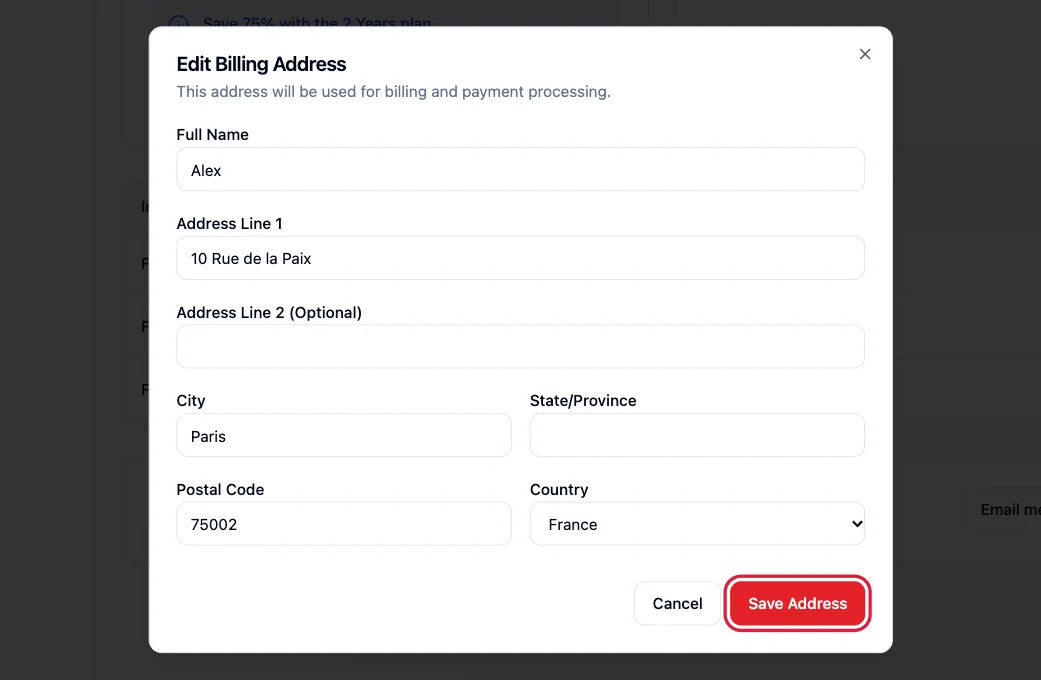 The Edit Billing Address window with the Save Address button highlighted
