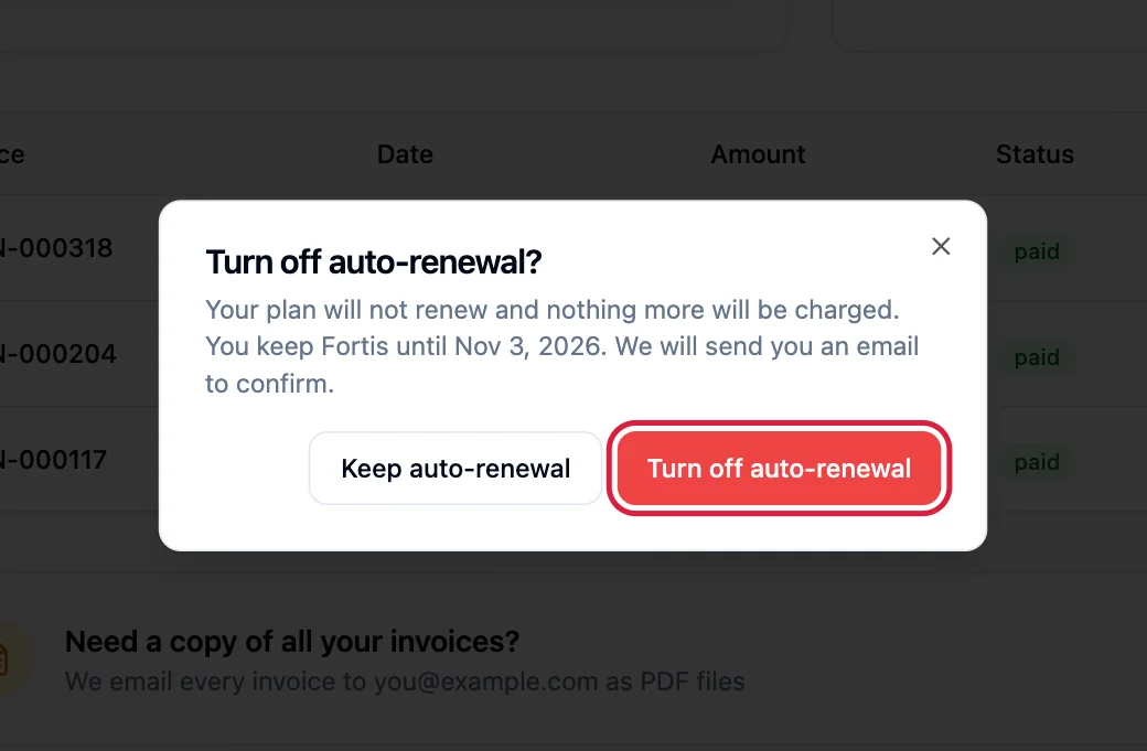 The Turn off auto-renewal question with the Turn off auto-renewal button highlighted