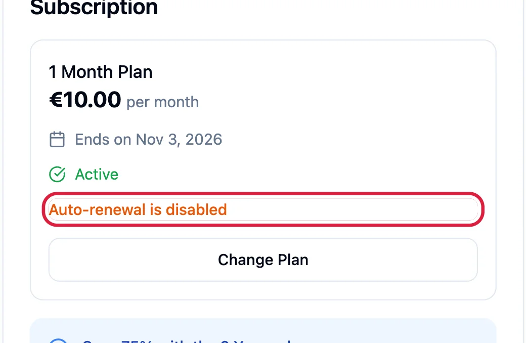 The Subscription box showing the end date and Auto-renewal is disabled