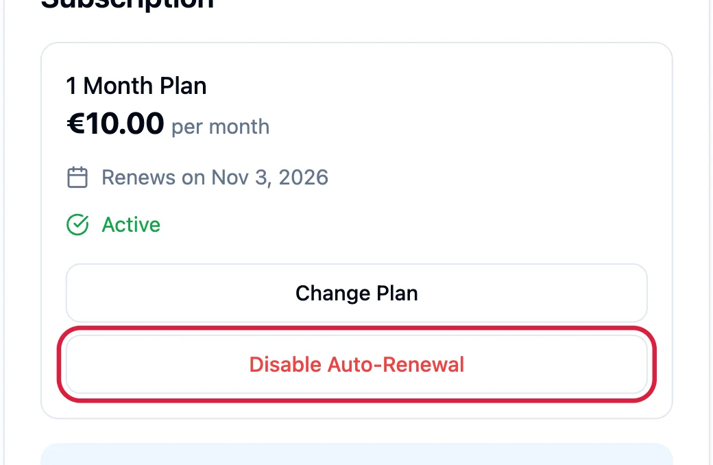 The Subscription box with the Disable Auto-Renewal button highlighted