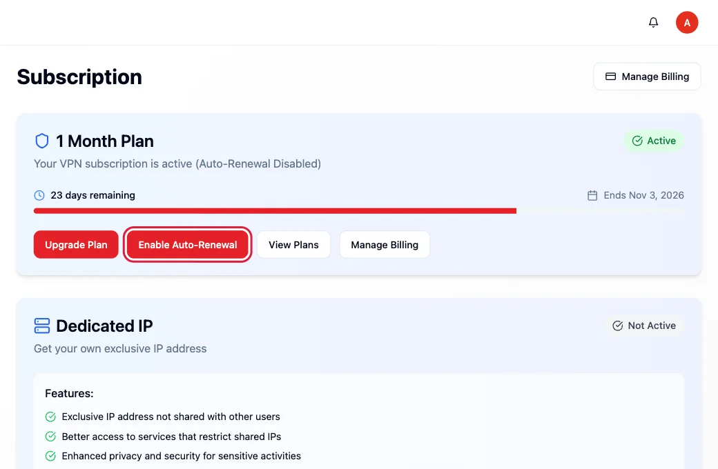 The Subscription page with the Enable Auto-Renewal button highlighted