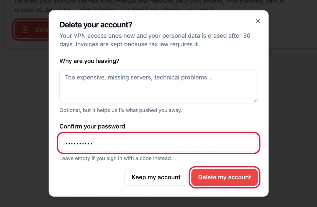 The Delete your account window with the password box and Delete my account button highlighted