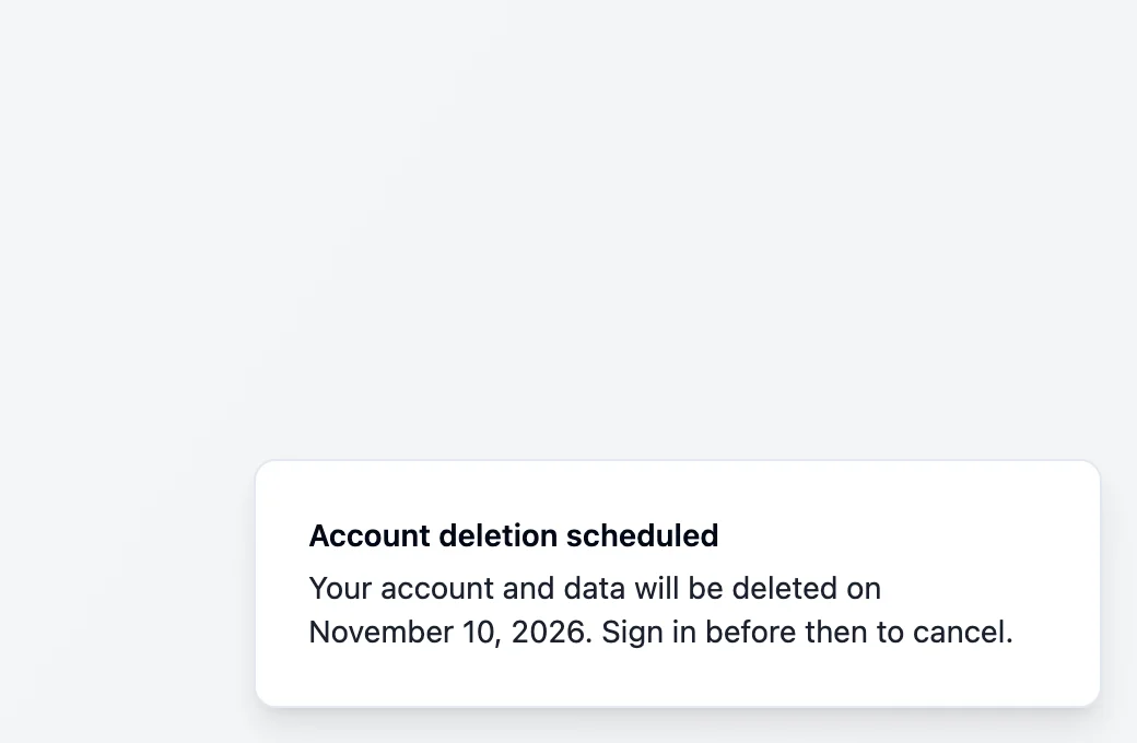 The message saying the account deletion is scheduled