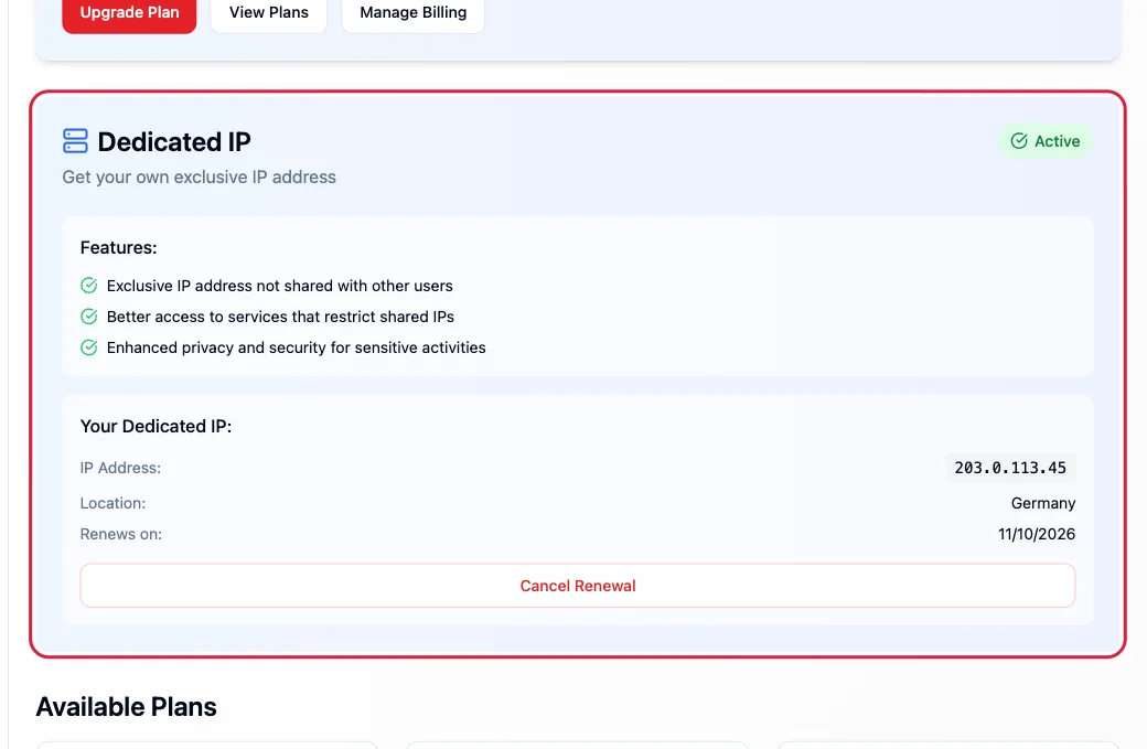 The Dedicated IP box showing the IP address, the country and the renewal date