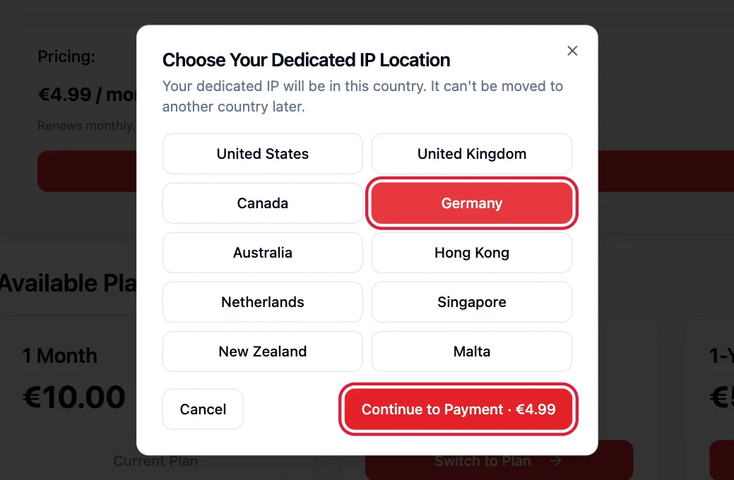 The list of countries with Germany and the Continue to Payment button highlighted