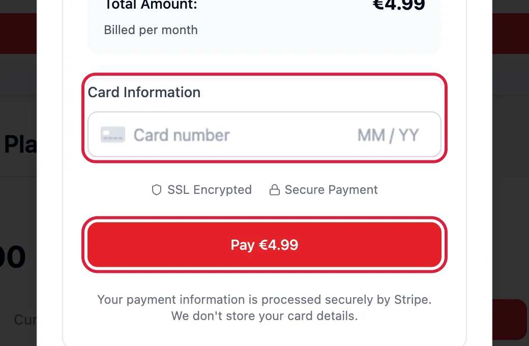 The card box and the Pay button highlighted