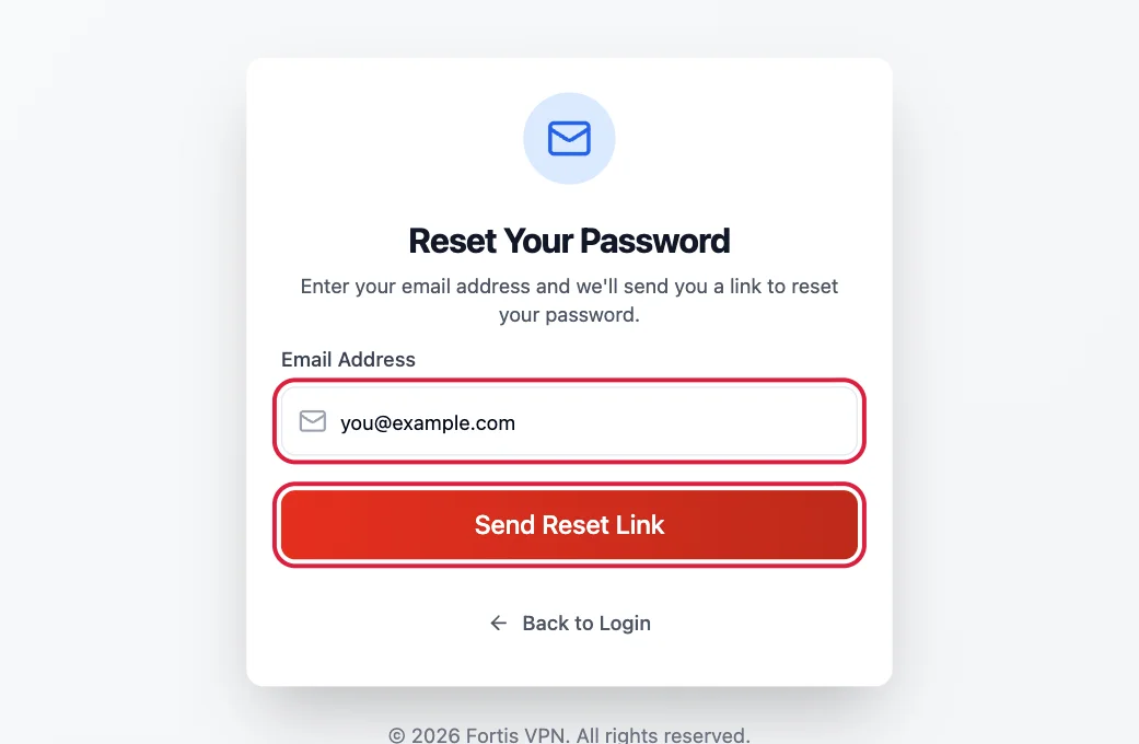The Reset Your Password page with the email box and Send Reset Link button highlighted