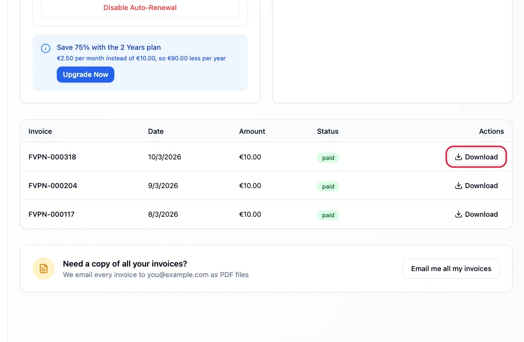 The list of invoices with a Download button highlighted