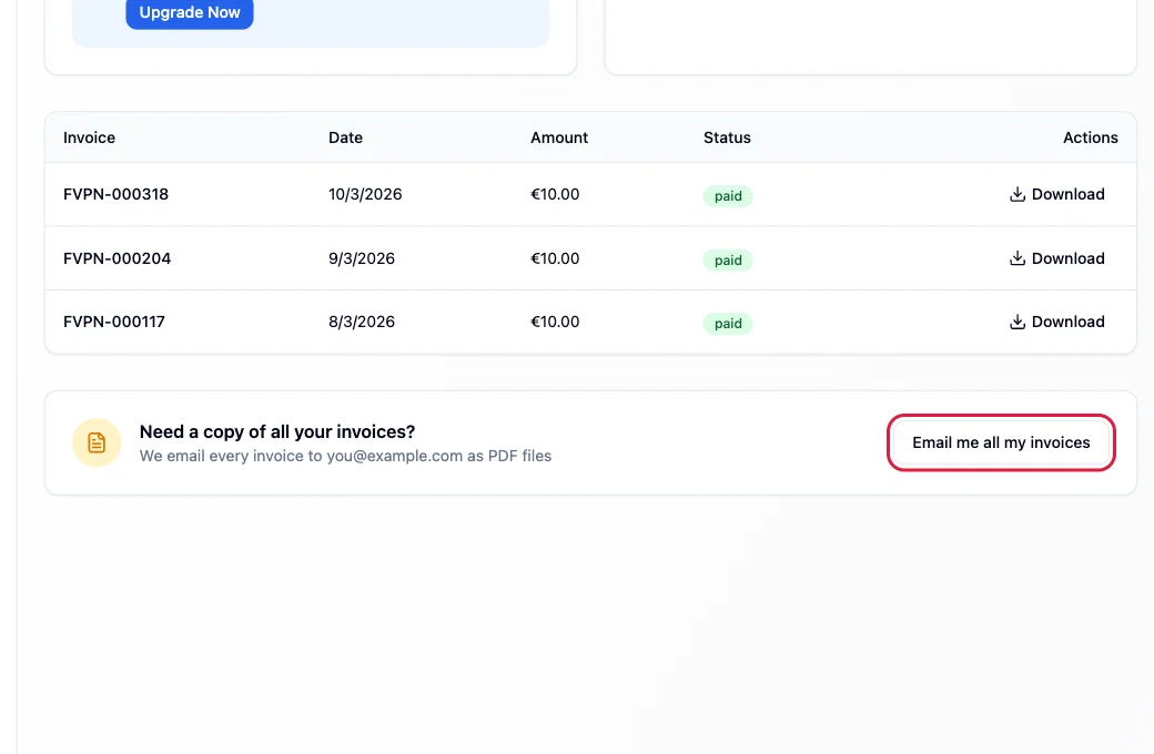 The Need a copy of all your invoices box with the Email me all my invoices button highlighted