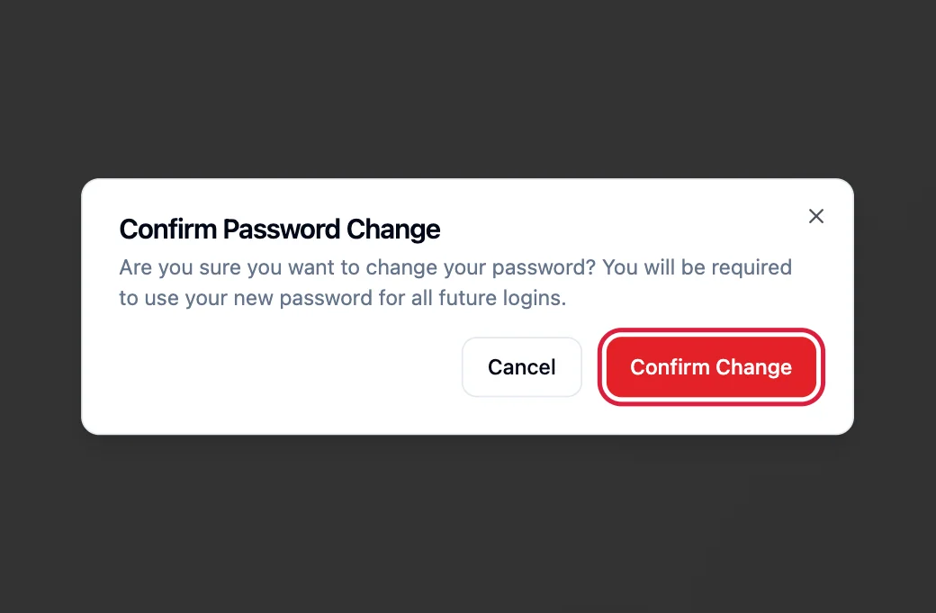 The Confirm Password Change window with the Confirm Change button highlighted