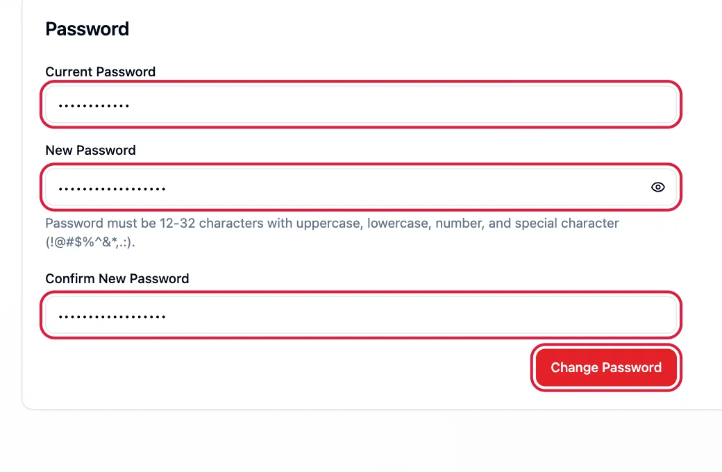 The three password boxes and the Change Password button highlighted