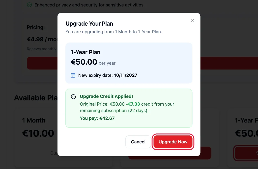 The Upgrade Your Plan window with the Upgrade Now button highlighted