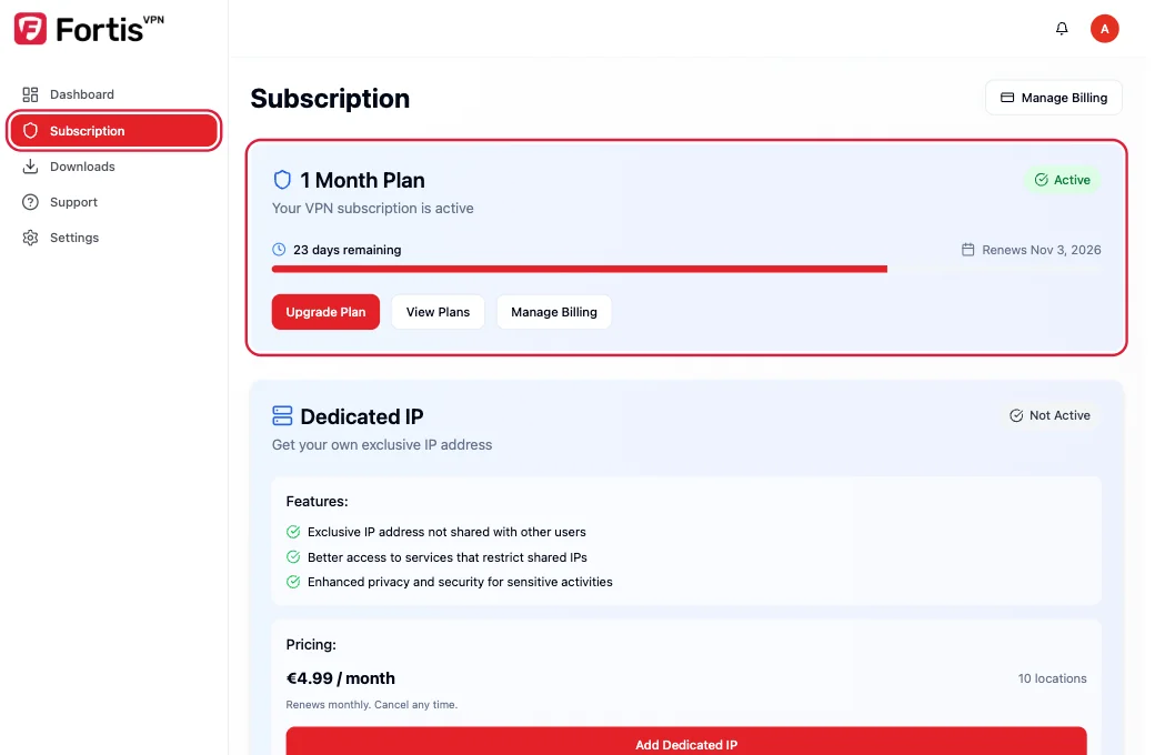The Subscription page with Subscription highlighted in the menu and the plan box highlighted