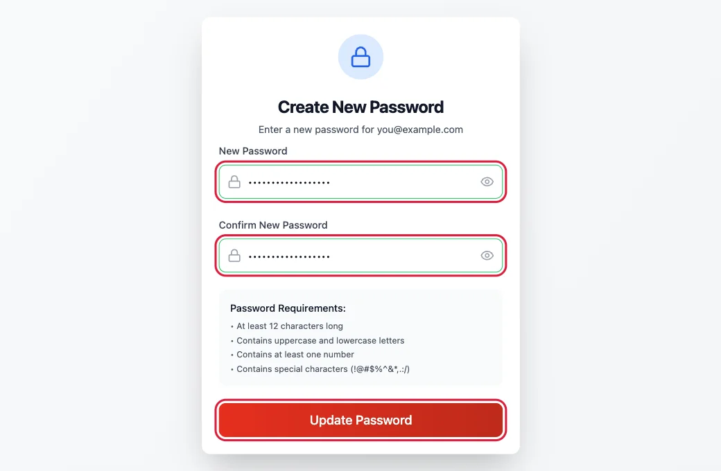 The Create New Password page with both password boxes and the Update Password button highlighted