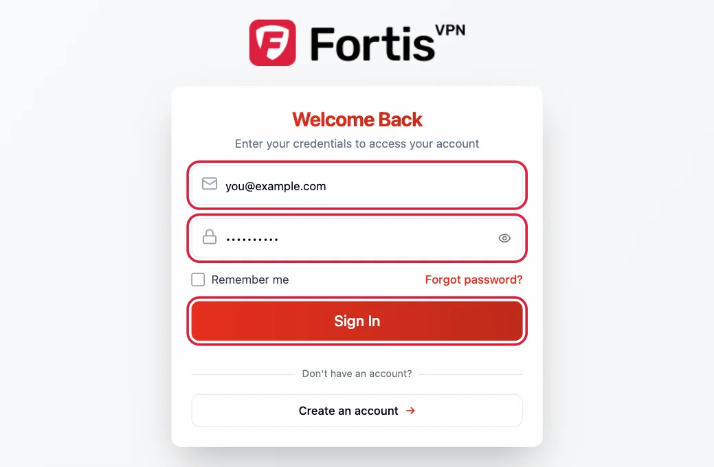 The sign-in page with the email, password and Sign In button highlighted