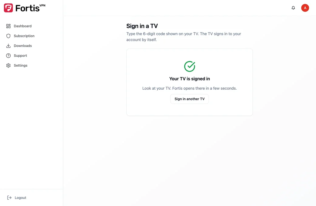 The Sign in a TV page saying Your TV is signed in