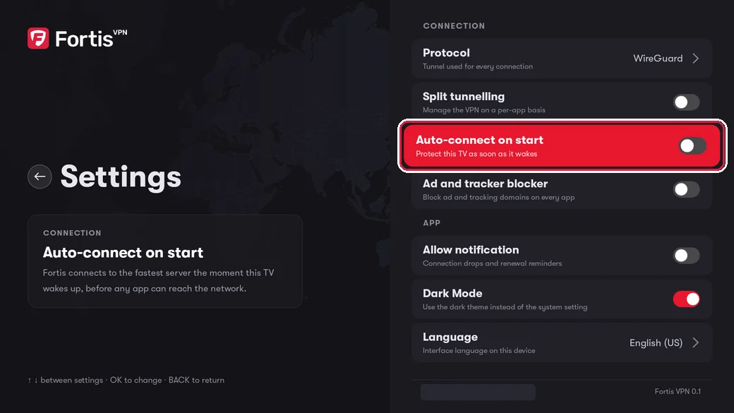The Settings screen with Auto-connect on start highlighted and its switch off