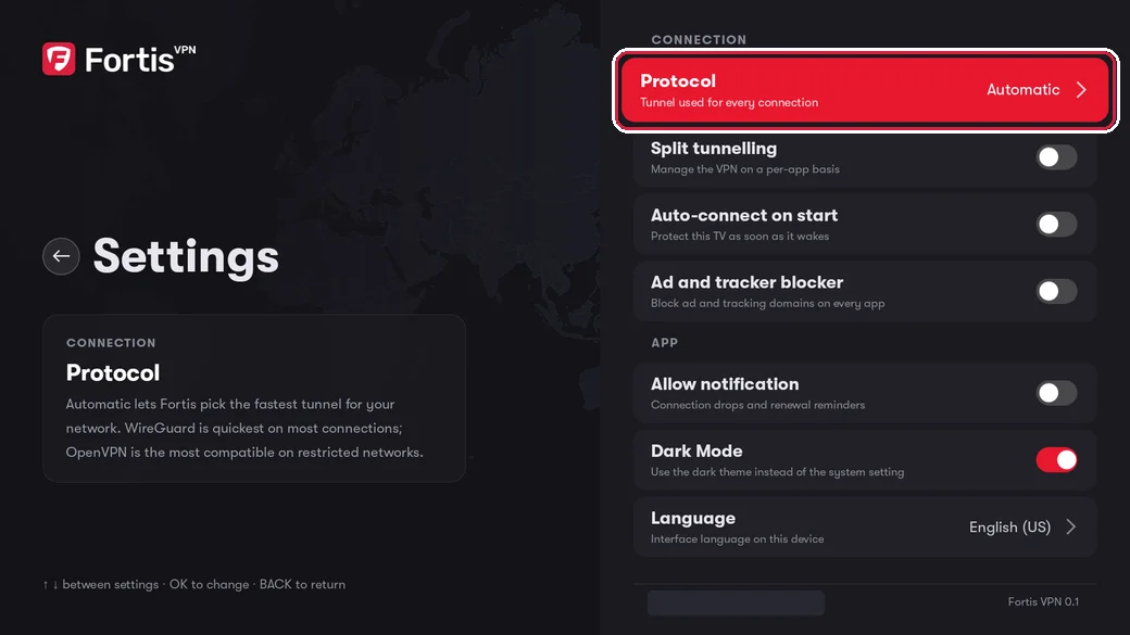 The Settings screen with the Protocol row highlighted