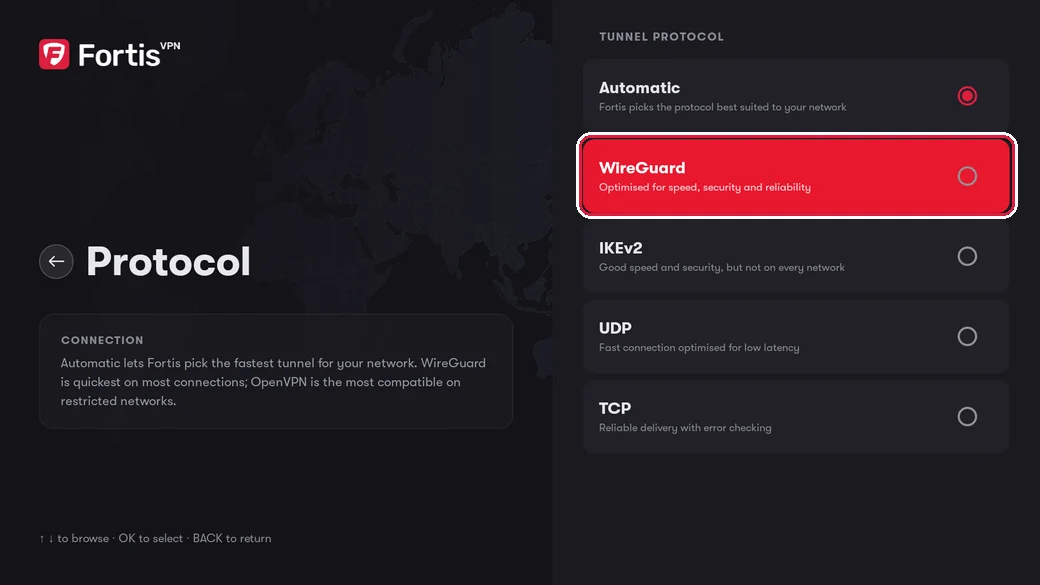 The Protocol list with WireGuard highlighted