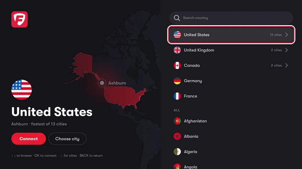 The location list with United States highlighted