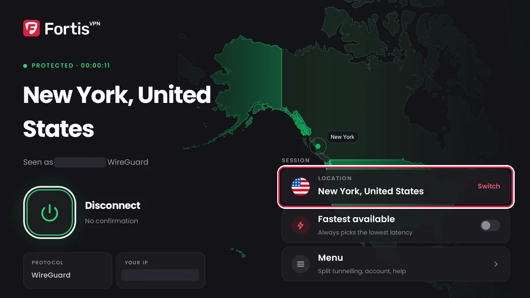 The Fortis home screen connected to New York, United States, with the Location box highlighted