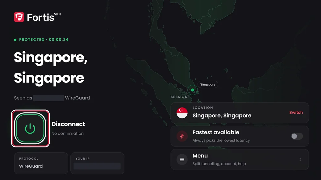 The Fortis home screen showing Protected in Singapore, with the green Disconnect button highlighted