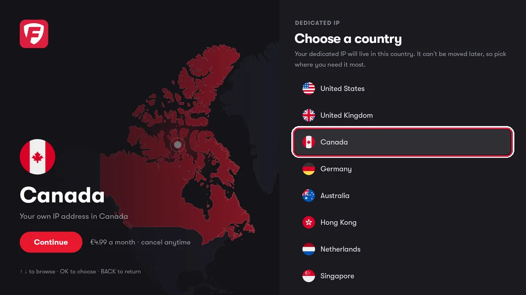 The Choose a country list with Canada highlighted and the monthly price shown