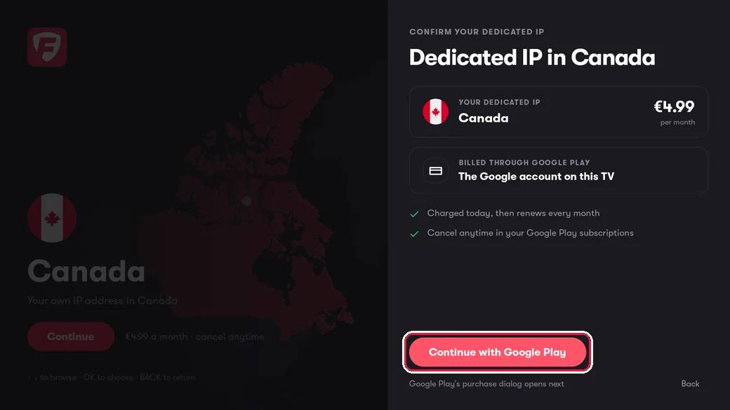The Confirm your dedicated IP screen with Continue with Google Play highlighted
