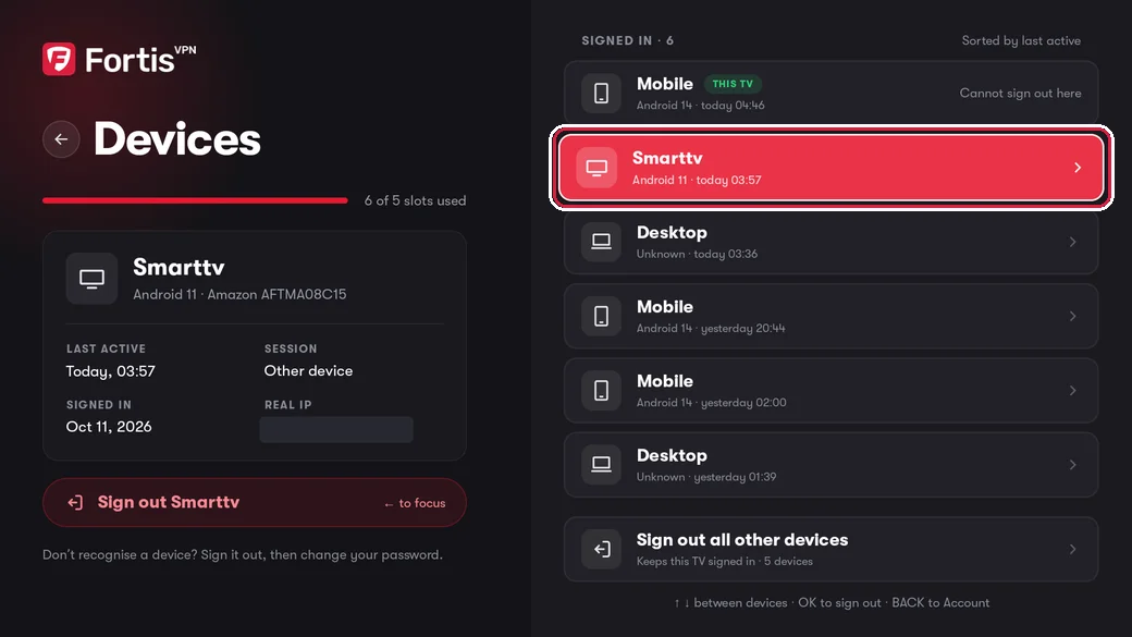 The Devices screen with a device highlighted