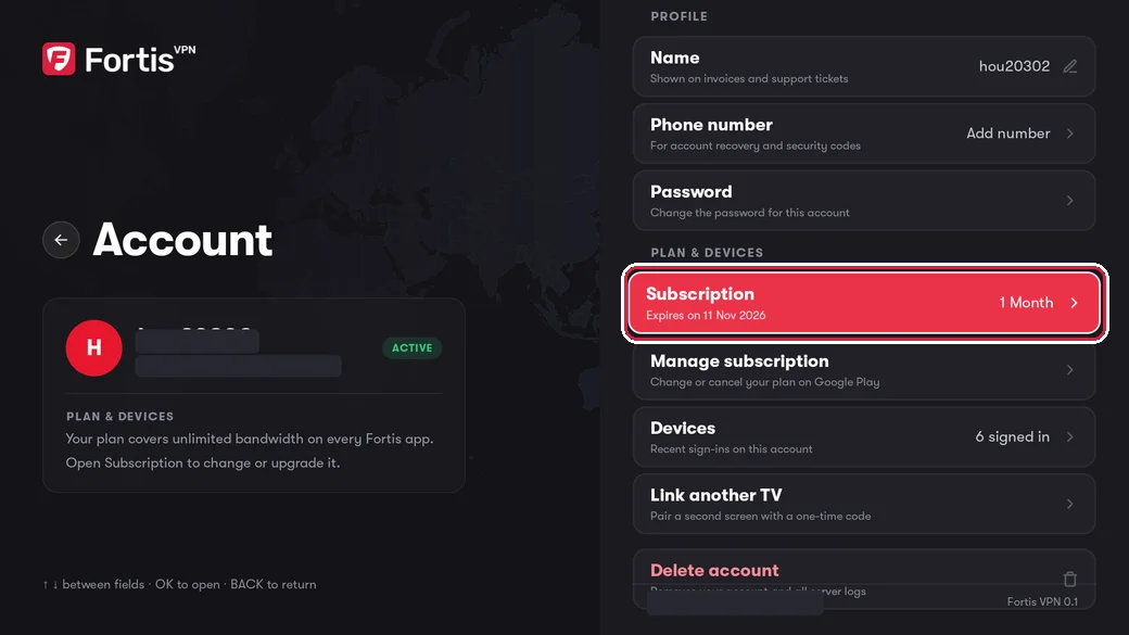 The Account screen with the Subscription row highlighted