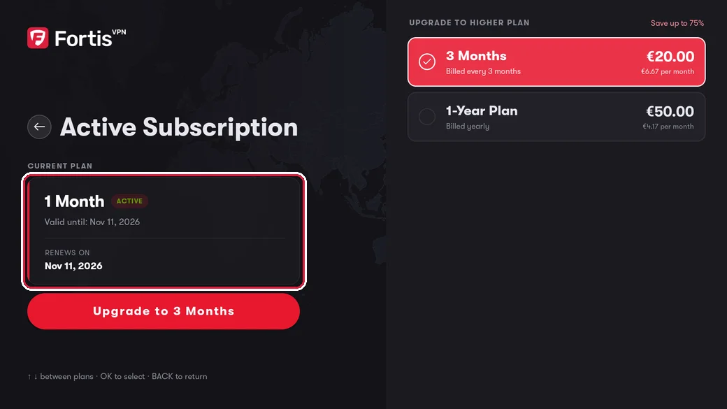 The Active Subscription screen with the current plan box highlighted