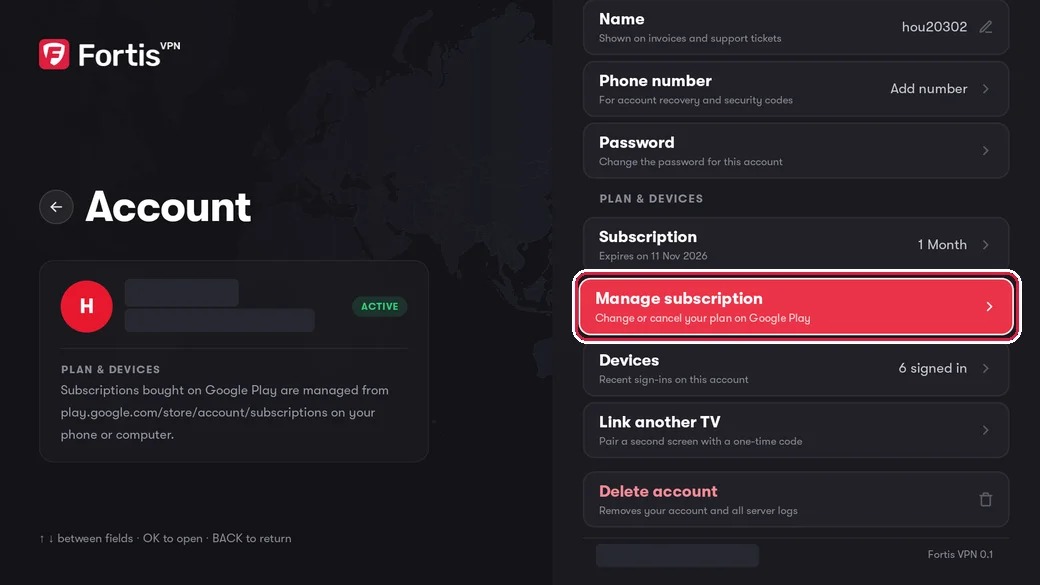 The Account screen with the Manage subscription row highlighted