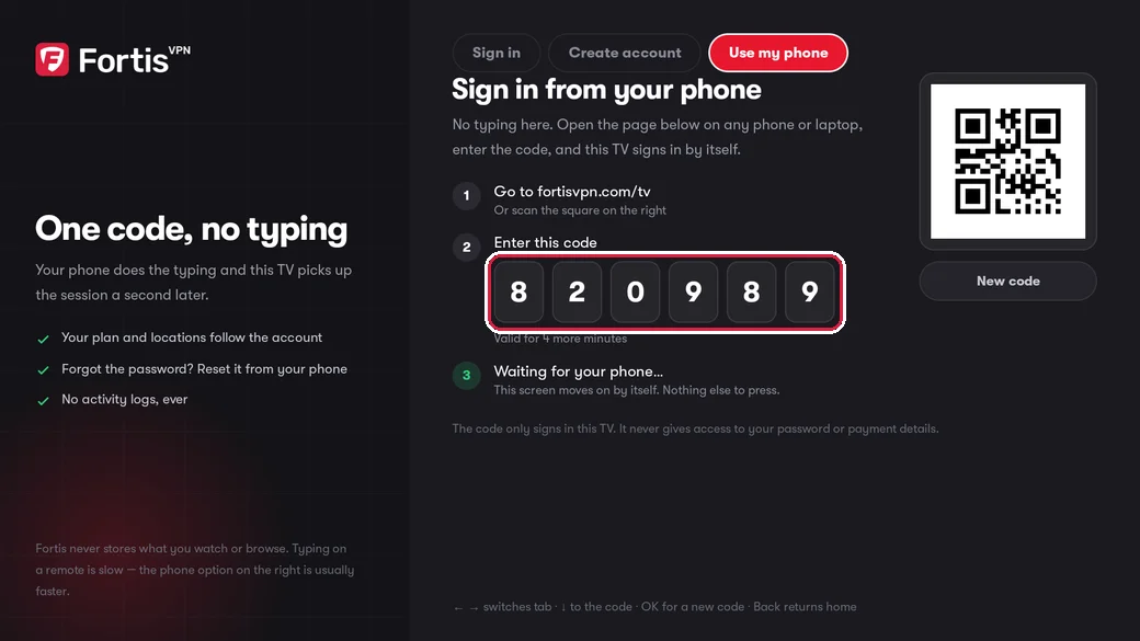 The six-digit code highlighted on the Use my phone screen