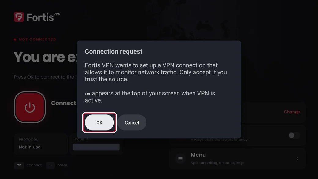 The Android TV Connection request window with OK highlighted