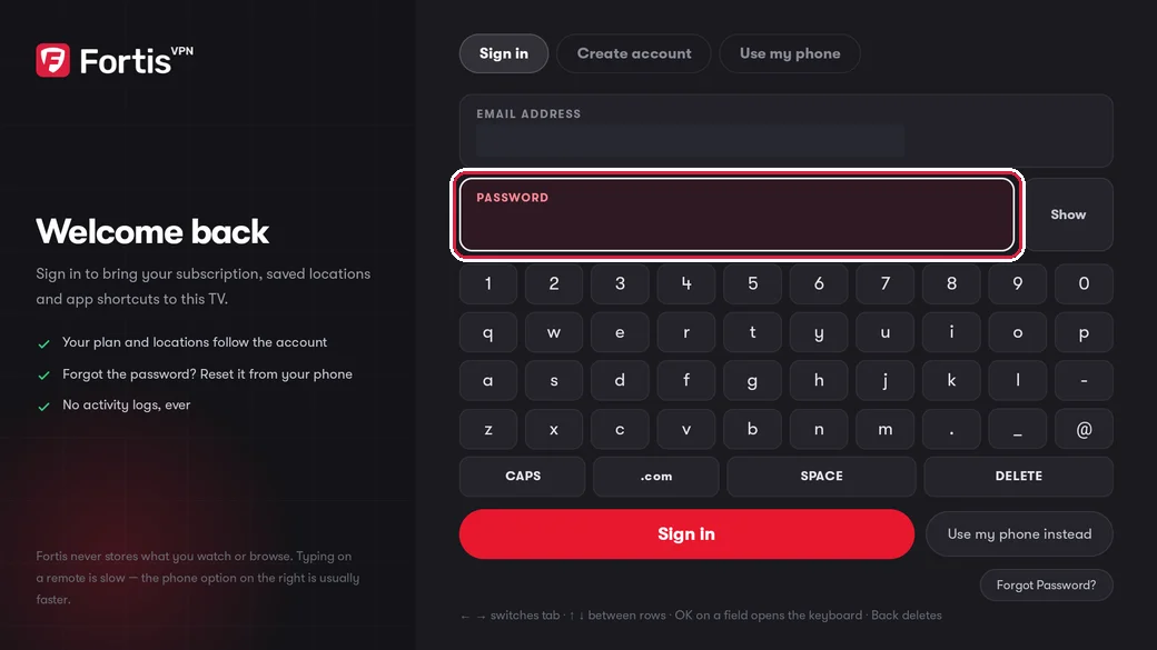 The PASSWORD box highlighted