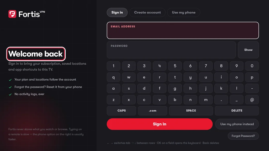 The Fortis sign-in screen with Welcome back highlighted