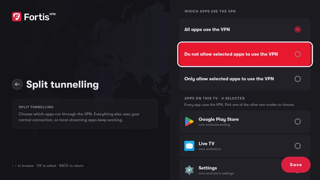 The Split tunnelling screen with Do not allow selected apps to use the VPN highlighted