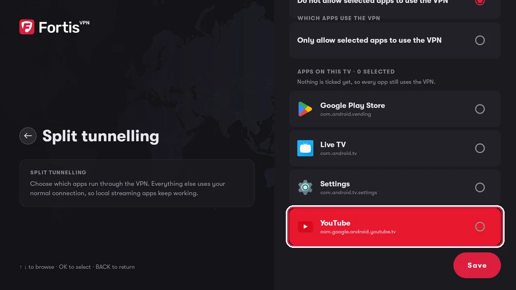 The list of apps on this TV with YouTube highlighted