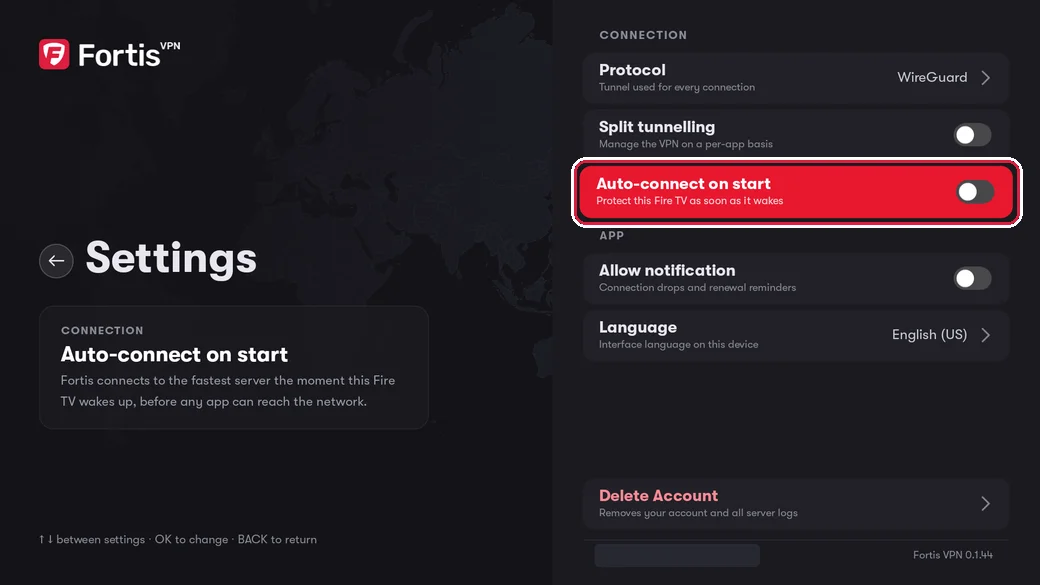 The Settings screen with Auto-connect on start highlighted and its switch off