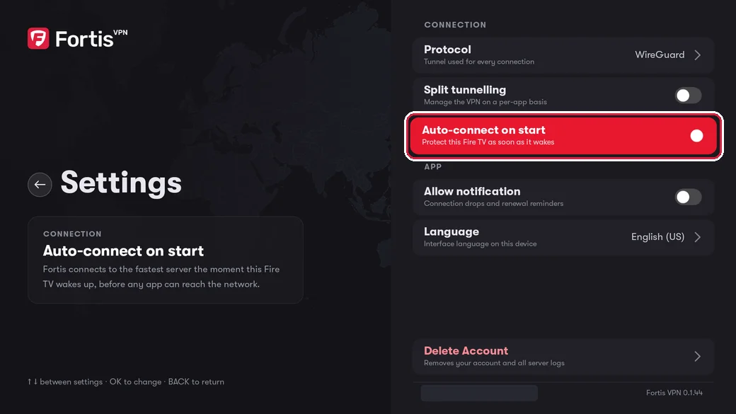 The Settings screen with Auto-connect on start highlighted and its switch on