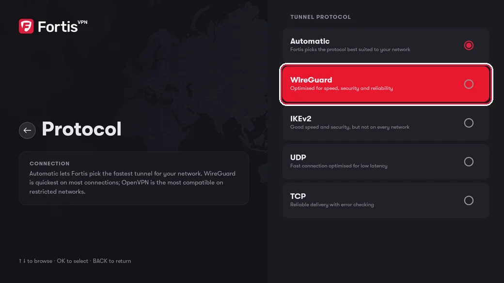 The Protocol list with WireGuard highlighted