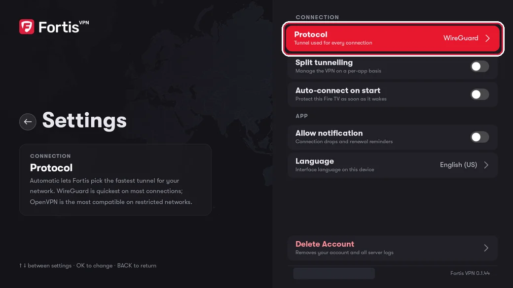 The Settings screen with the Protocol row showing WireGuard, highlighted
