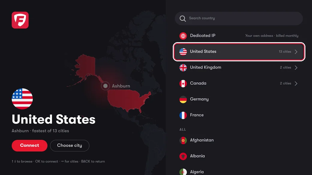 The location list with United States highlighted
